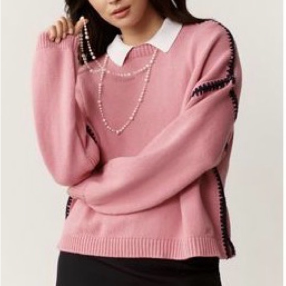 Anthropologie Pink Crewneck Sweater With Black Contrast Stitch
